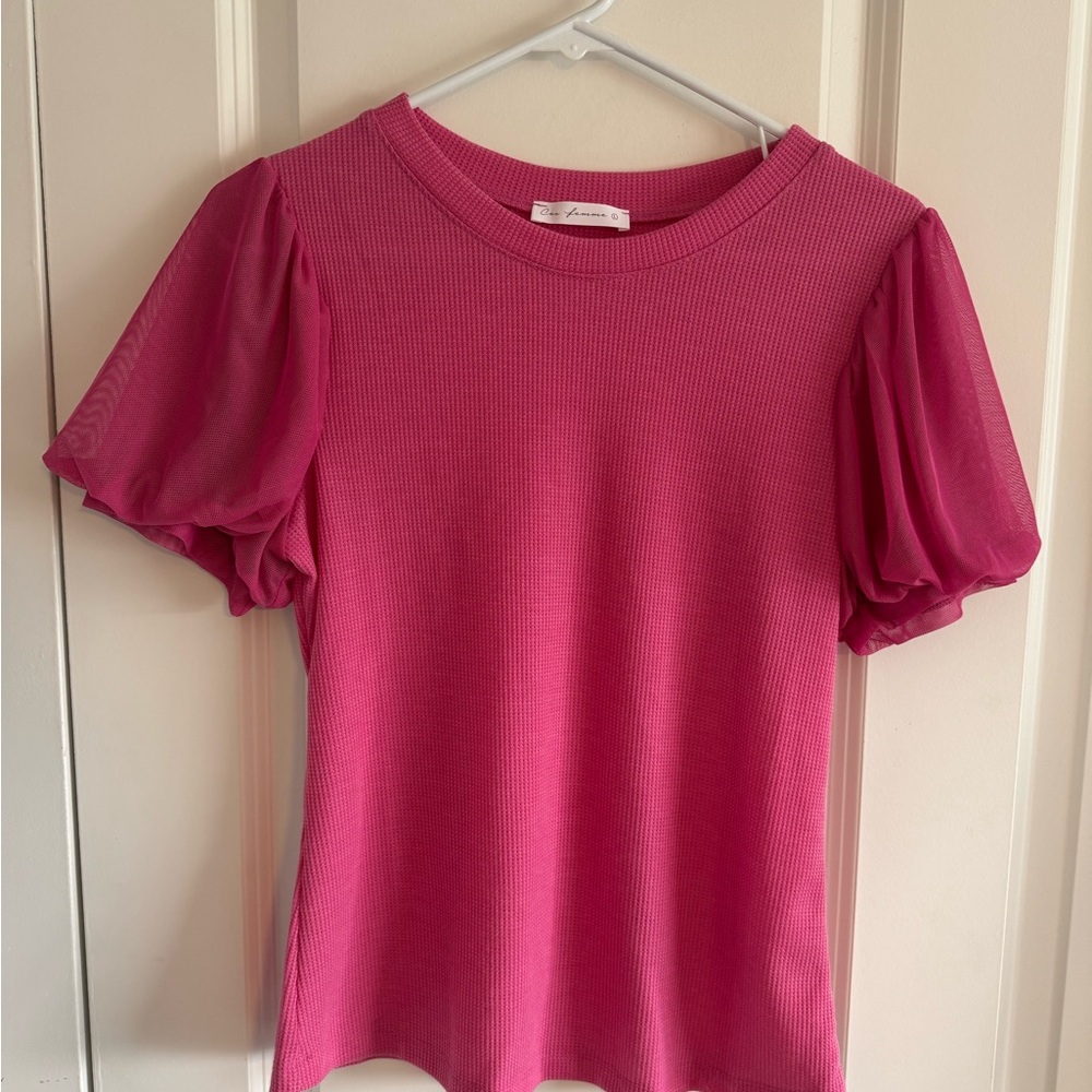 Ces Femme Pink Fitted Puff Sleeve Top